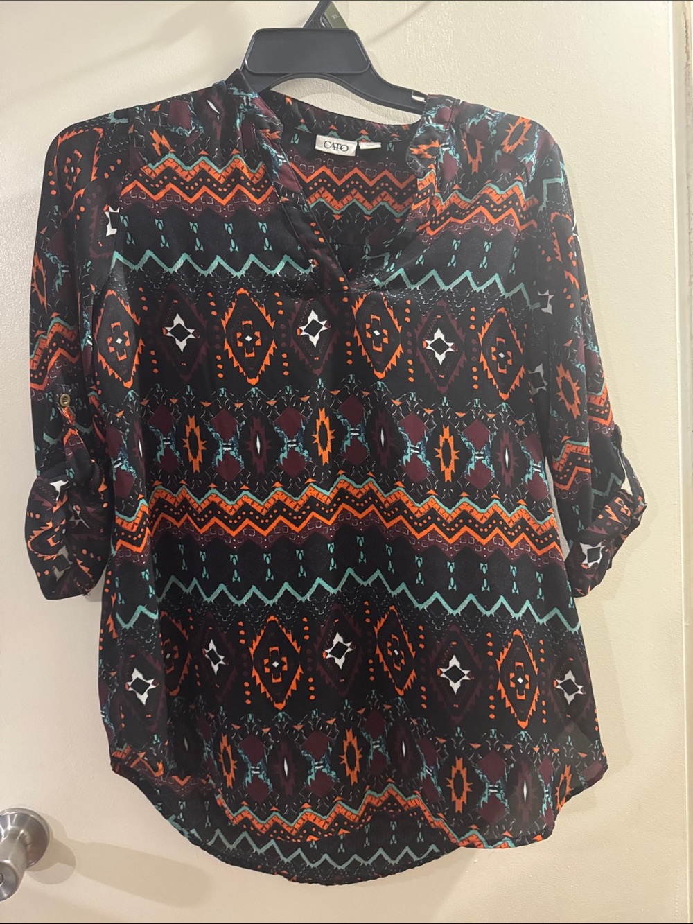 Cato Black Aztec-Print Roll-Tab Sleeve Tunic with Orange and Teal Accents
